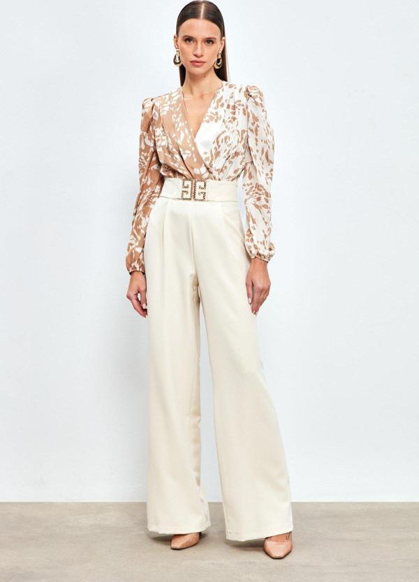 Bel Aksesuarlı Bol Paça Pantolon - Taş - Image 1