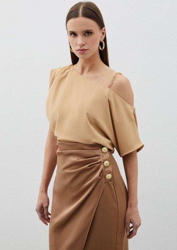 Düşük Omuzlu Salaş Bluz - Camel - Image 1