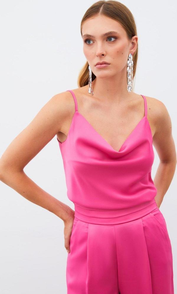 Degaje Yaka Saten Bluz - Fuşya - Image 1