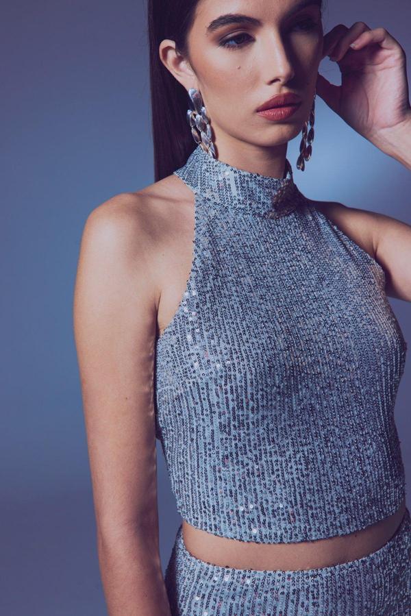 Kolsuz Payetli Bluz - Gümüş - Image 1