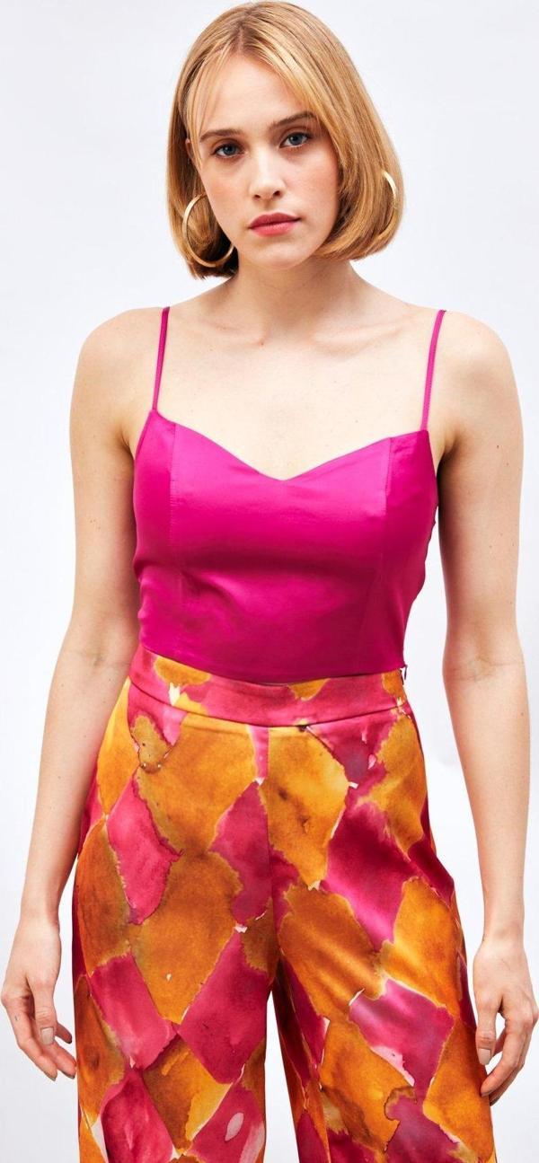 İp Askılı Saten Crop Bluz - Fuşya - Image 1