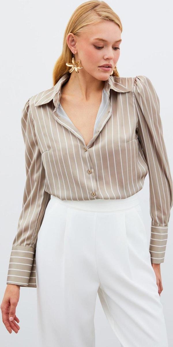 Vatkalı Çizgili Gömlek - Bej - Image 1