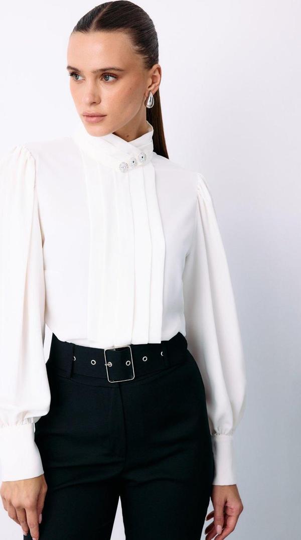 Nervür Detaylı Bluz - Ekru - Image 1