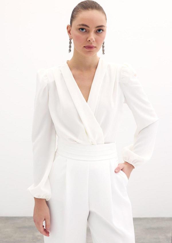 Kruvaze Vatkalı Bodysuit - Ekru - Image 1