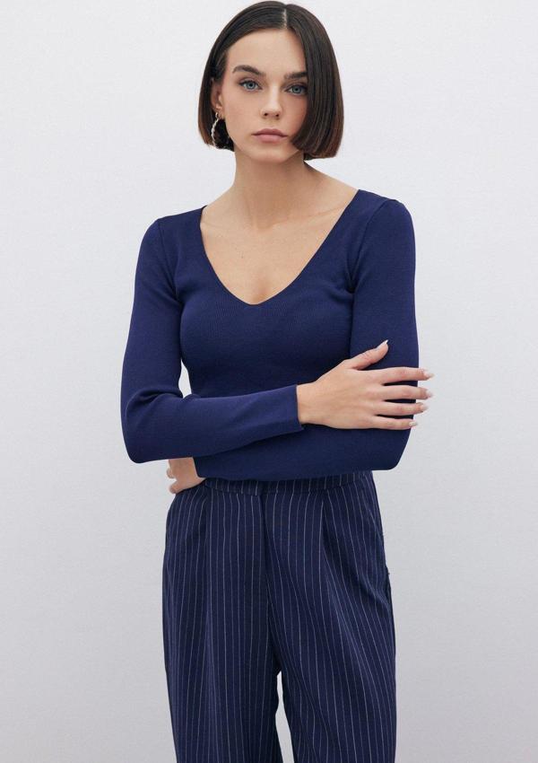 V Yaka Crop Triko - Lacivert - Image 1