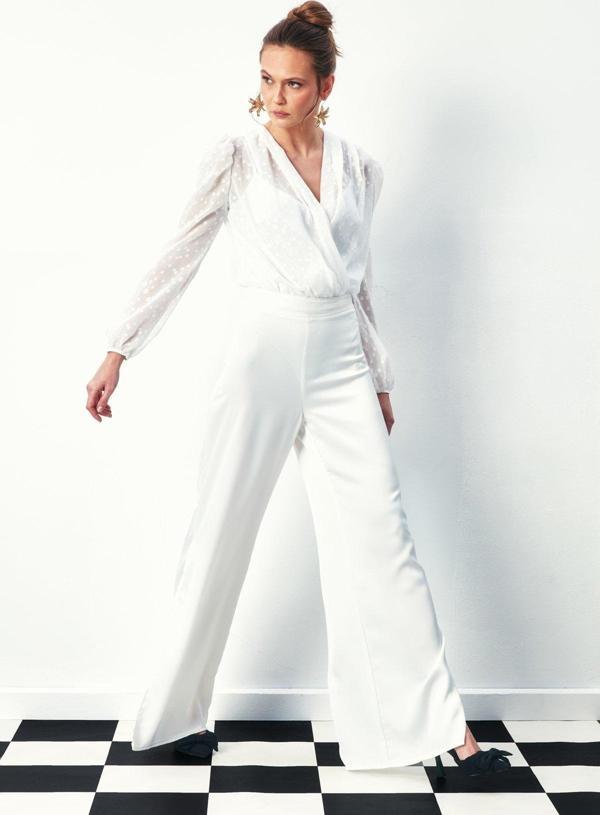 Desenli Kruvaze Bodysuit Bluz - Ekru - Image 1
