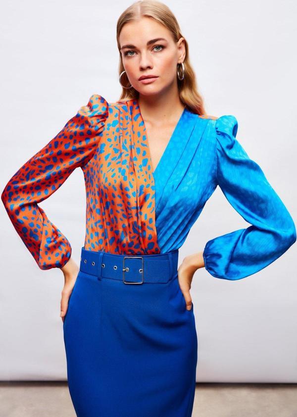 Kruvaze Desenli Bodysuit - Oranj-Sax Mavi - Image 1