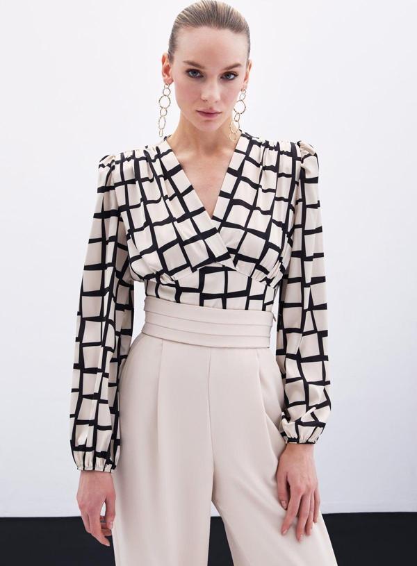 Desenli Crop Bluz - Bej - Image 1
