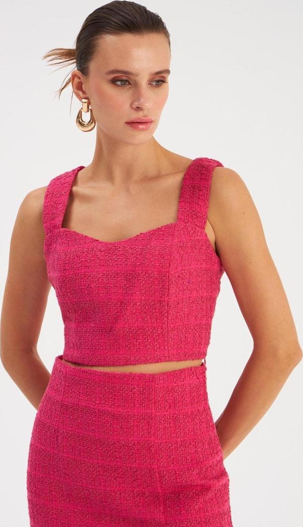 Askılı Tüvit Crop Bluz - Fuşya - Image 1