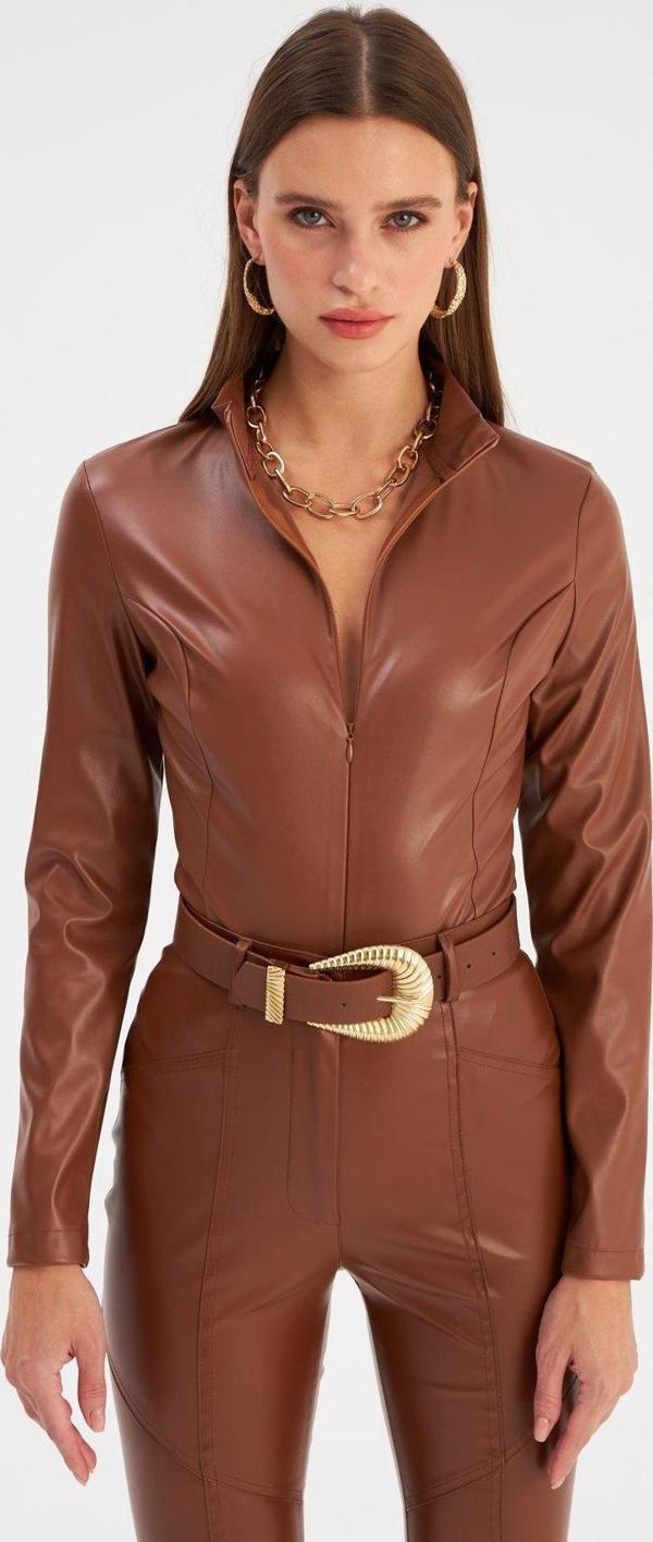 Fermuarlı Deri Bodysuit - Kahve - Image 1