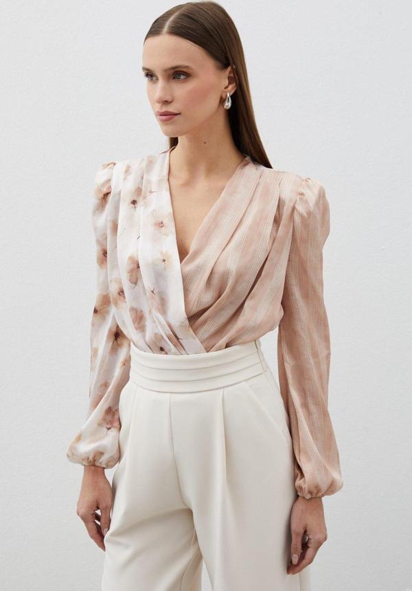 Çift Desenli Kruvaze Bodysuit Bluz - Vizon - Image 1