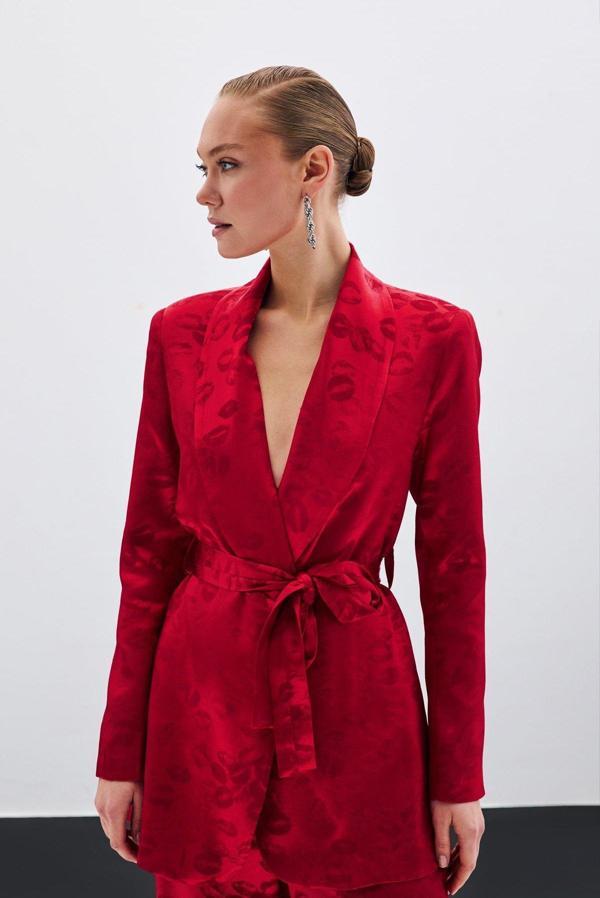 Şal Yaka Kuşaklı Ceket - Kırmızı - Image 1