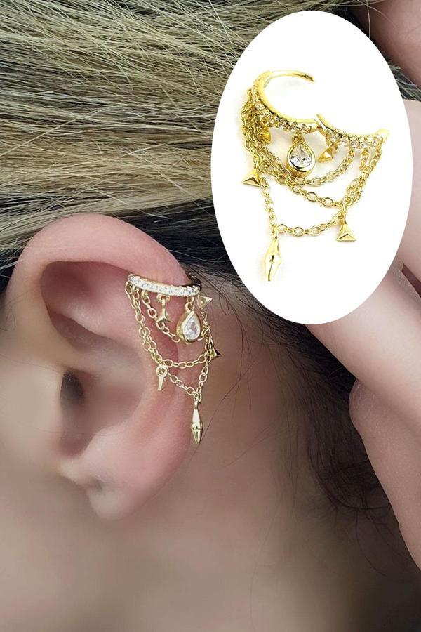 Zirkon Taş Detaylı İtalyan Tasarımı 925ayar Gümüş Üzerine Zincir Detaylı Kıkırdak Küpesi  - Image 1