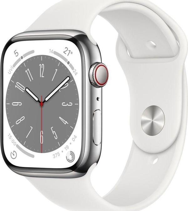 Apple Watch Series 8 Gps + Cellular 41Mm Gümüş Paslanmaz Çelik Kasa Ve Beyaz Spor Kordon - Regular - Image 1