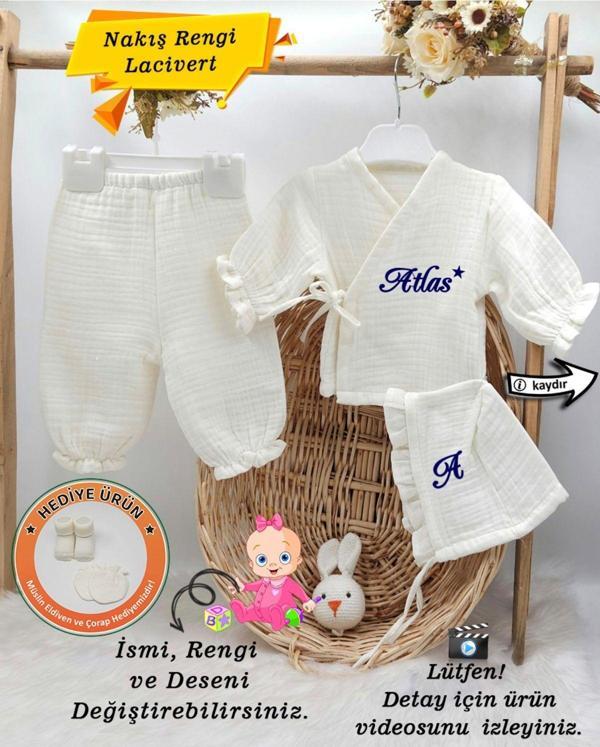 Yeni Doğan Müslin 3'li Kimono Bağcıklı Tulum %100 Pamuk Organik (Kişiye Özgü İsimli Nakış Desenli) - Image 1