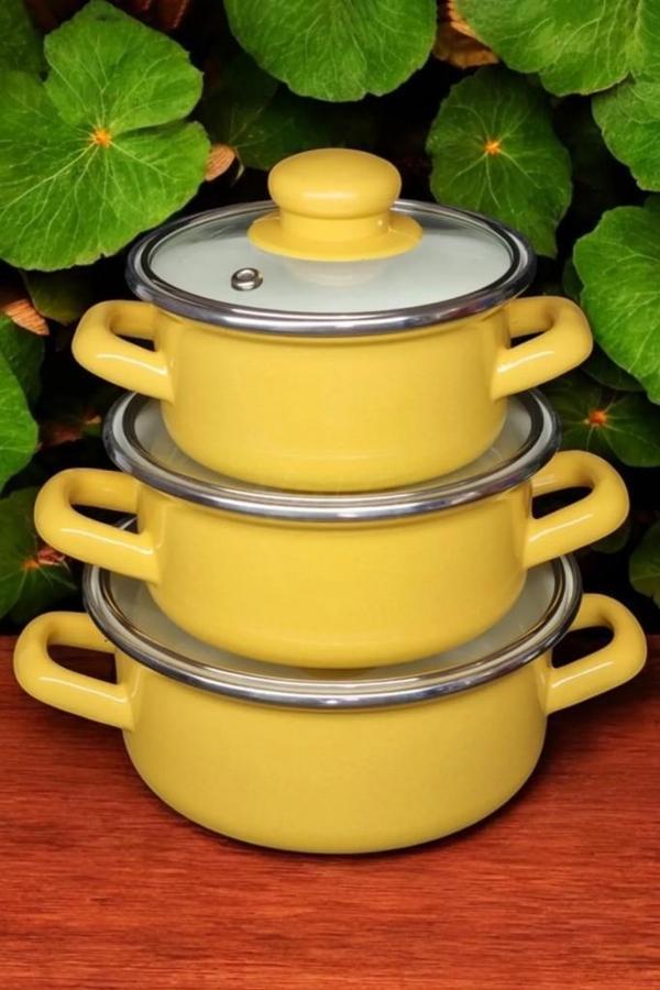 Lüks Emaye 6 Parça Mini Tencere Seti 12/14/16 Cm Sarı KR137-C - Image 1