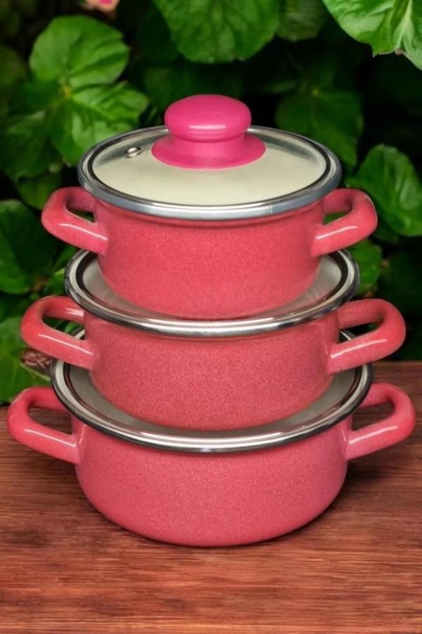 Lüks Emaye 6 Parça Mini Tencere Seti 12/14/16 Cm Kırmızı KR179-C - Image 1