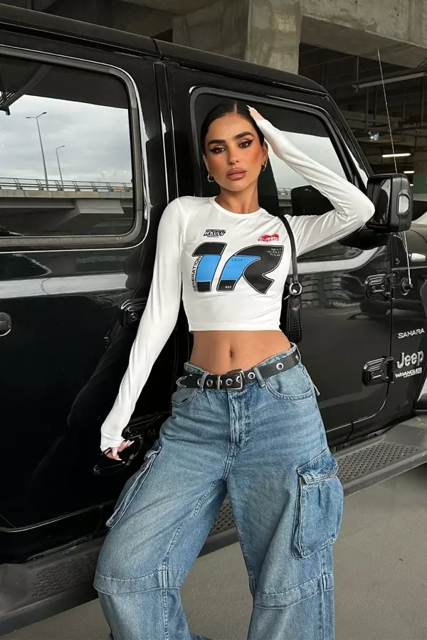Baskılı Uzun Kollu Crop Bluz - Image 1