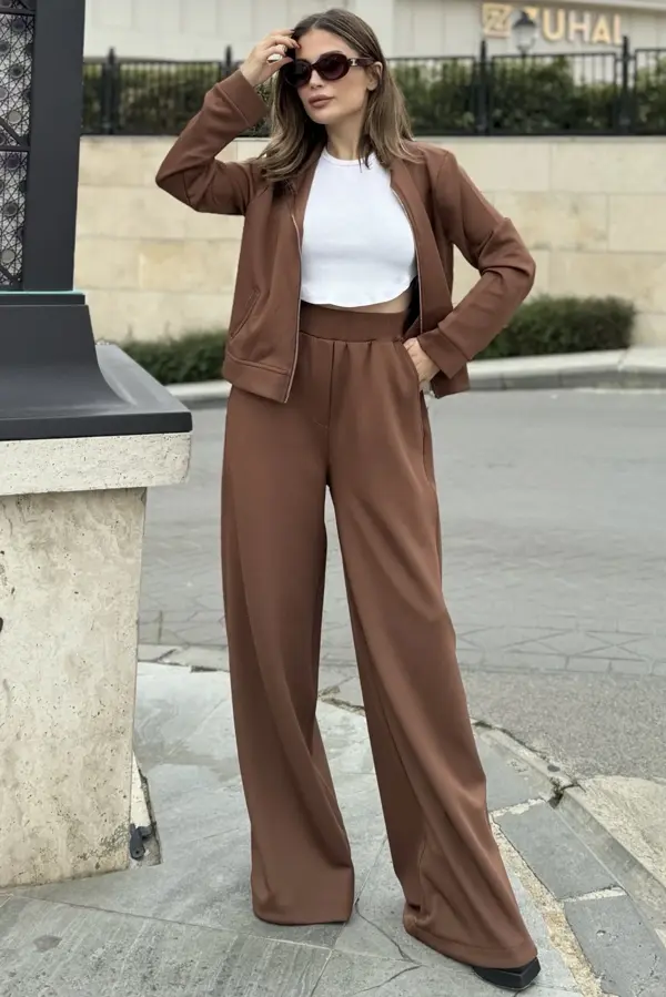Fermuarlı Ceket Bol Paça Pantalon Spor Takım - Image 1