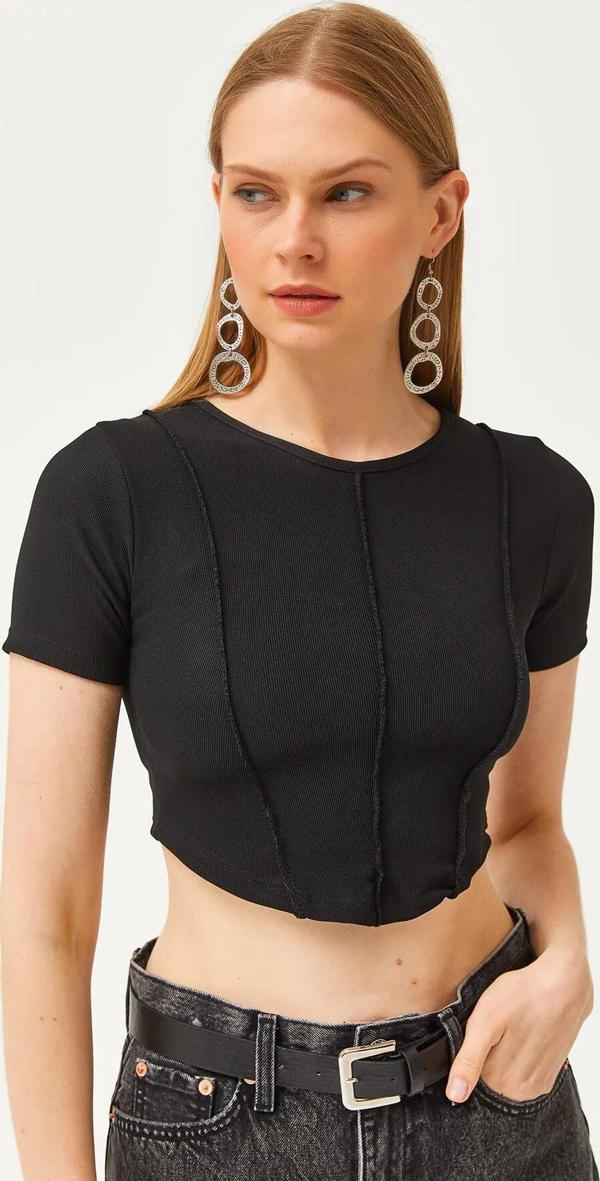 Bisiklet Yaka Parçalı Crop Ottoman Bluz - Image 1