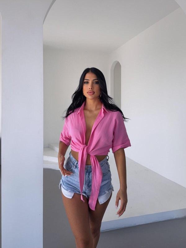 Pembe Bağlama Detaylı Müslin Keten Bluz - Image 1