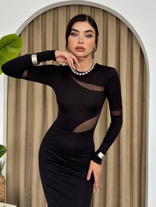 Siyah Tül Detaylı Elbise - Image 1
