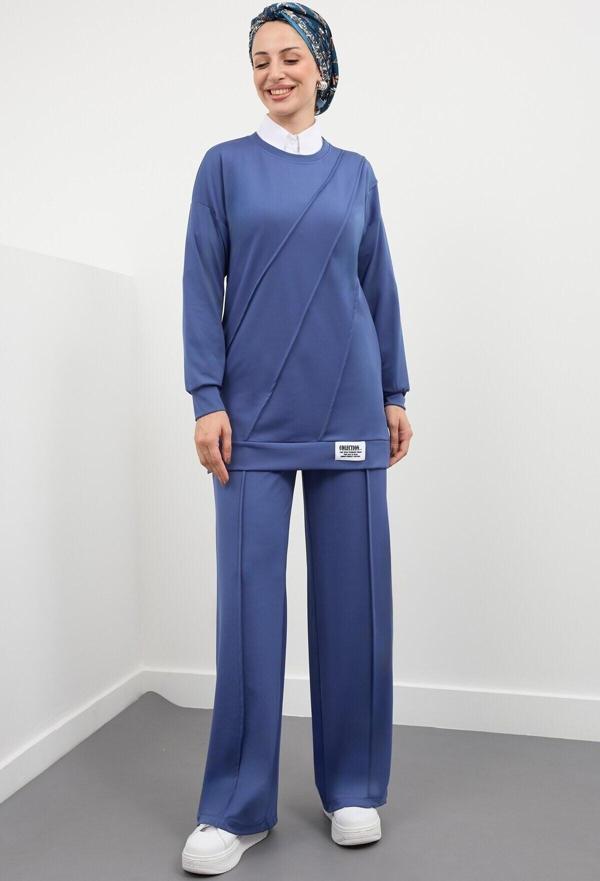 Çıma Detaylı Bol Paça Mavi Sweatshirt İkili Takım - Image 1