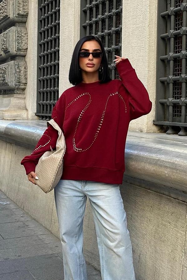 Gümüş Taşlı Sweatshirt Bordo - Image 1
