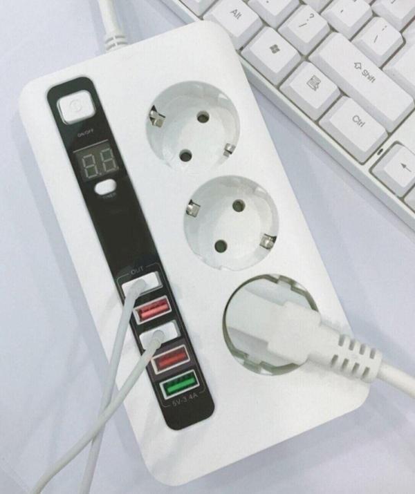 Comse Usb'Li Akıllı 3'Lü Priz Akım Korumalı Zaman Ayarlı 5 Usb Uzatma Kablosu (Siyah/Beyaz ) - Image 1