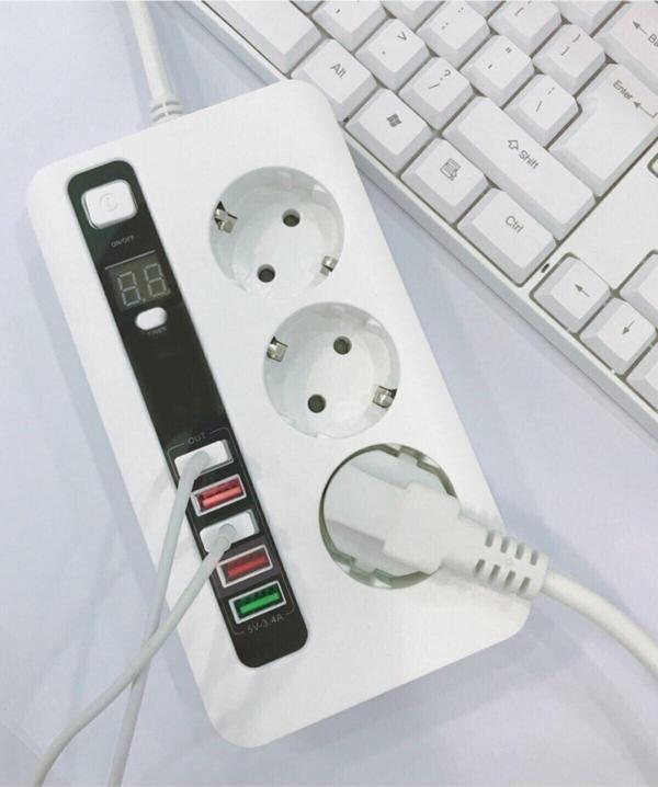 Comse Usb'Li Akıllı 3'Lü Priz Akım Korumalı Zaman Ayarlı 5 Usb Uzatma Kablosu Beyaz - Image 1
