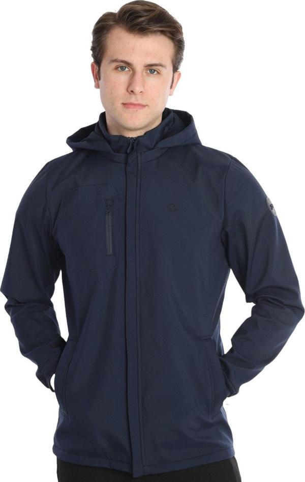 Escetic Erkek Lacivert Çıkarılabilir Kapüşonlu File Astarlı 3 Cepli Su İtici Rüzgar Geçirmez Softshell Spor Mont 7090 - Image 1