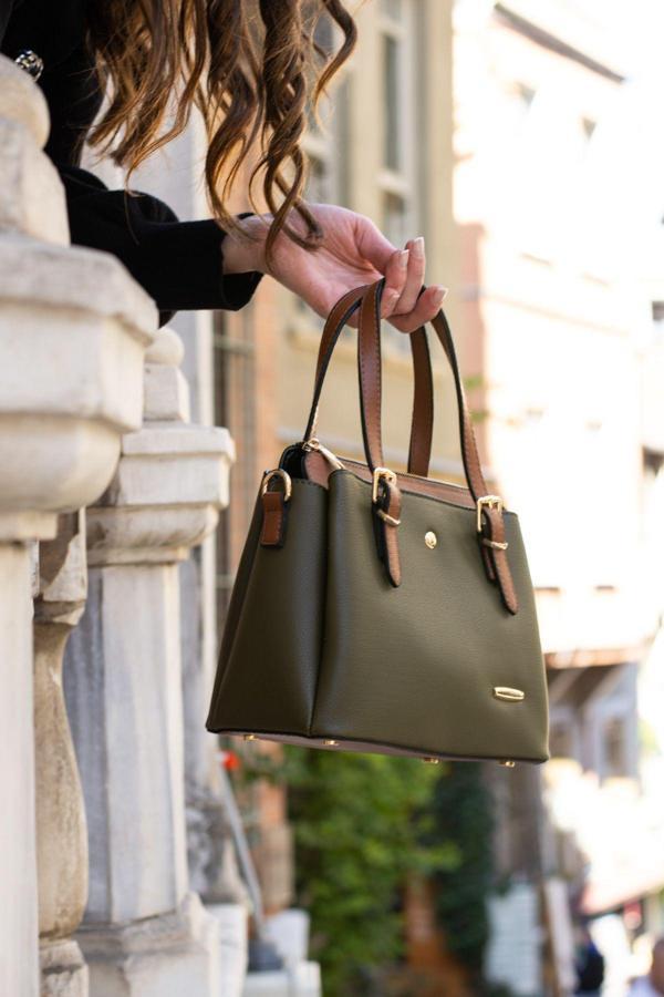 Kadın Uzun Askılı 4 Bölmeli Gold Aksesuarlı Sade Şık Haki Taba Garnili Omuz Ve El Çantası - Image 1