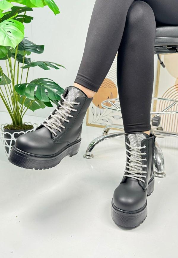 Günlük Kadın Bot Taşlı Bağcıklı Kalın Yüksek Tabanlı Yumuşak Hafif Rahat Bootie 1071 - Image 1