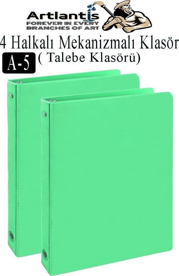 Açık Yeşil 4 Halkalı Klasör 2 Adet A5 PVC Öğrenci ve Ofis Tipi Evrak Sunum Klasörü İç Cepli Otomatik Mekanizmalı Büro - Image 1