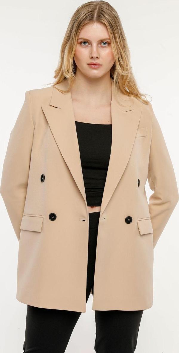 Bej Regular Astarlı Kruvaze Kapama Dokuma Oversize Blazer Ceket - Image 1