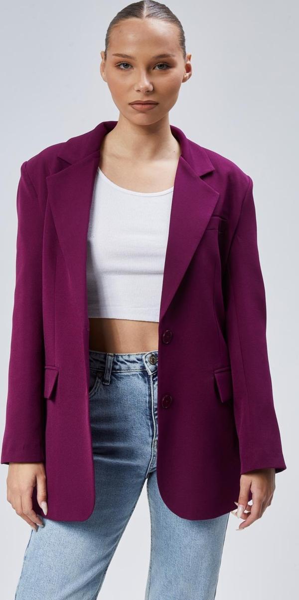 Mor Kadın Düğmeli Oversize Blazer Ceket - Image 1