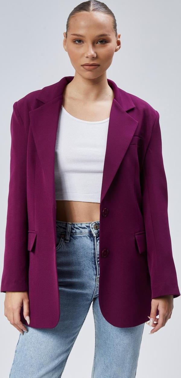 Mor Kadın Düğmeli Oversize Blazer Ceket - Image 1