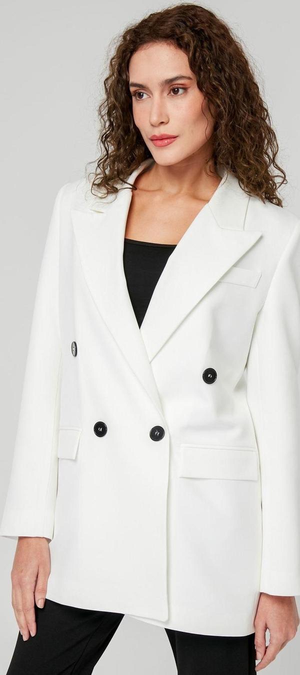 Ekru Regular Astarlı Kruvaze Kapama Dokuma Oversize Blazer Ceket - Image 1