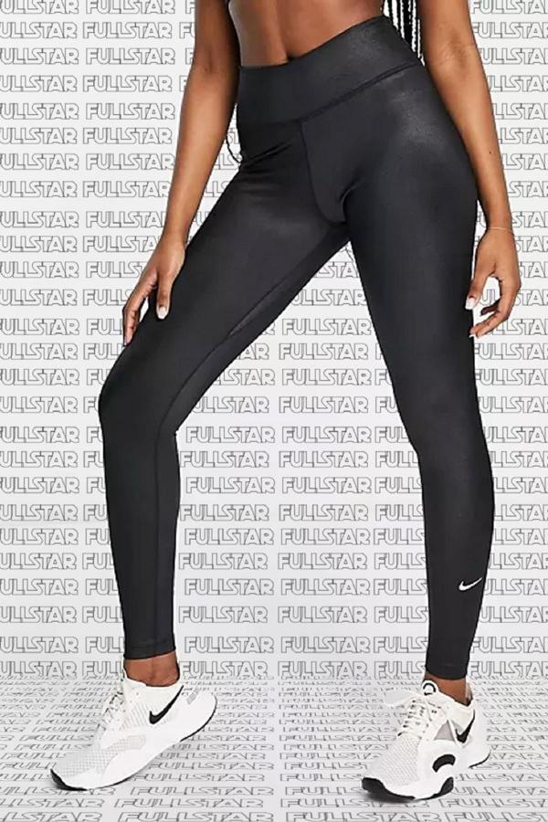 Nike One Dri Fit Training Shine Black Leggings Toparlayıcı 2 İç Cepli Siyah Parlak Tayt - Image 1