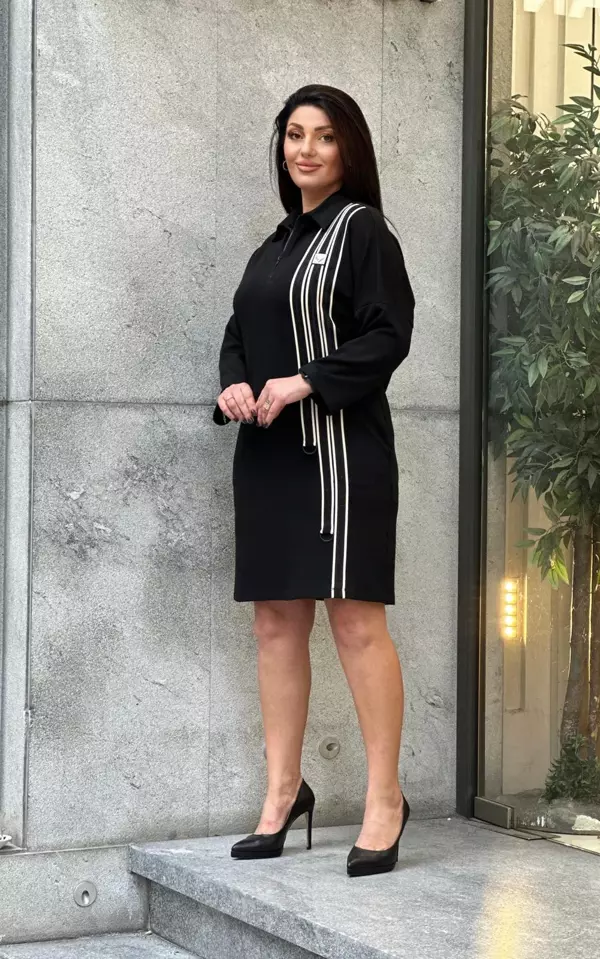 Trend Kadın Büyük Beden Özel Tasarım Taşlı Şerit Detaylı Şık Elbise - Image 1