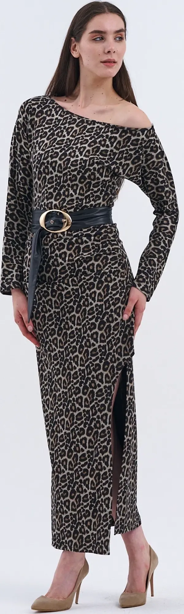 Trend Kadın Yeni Elbise Modelimiz: Leopar Desenli Uzun Kollu Elbise - Image 1