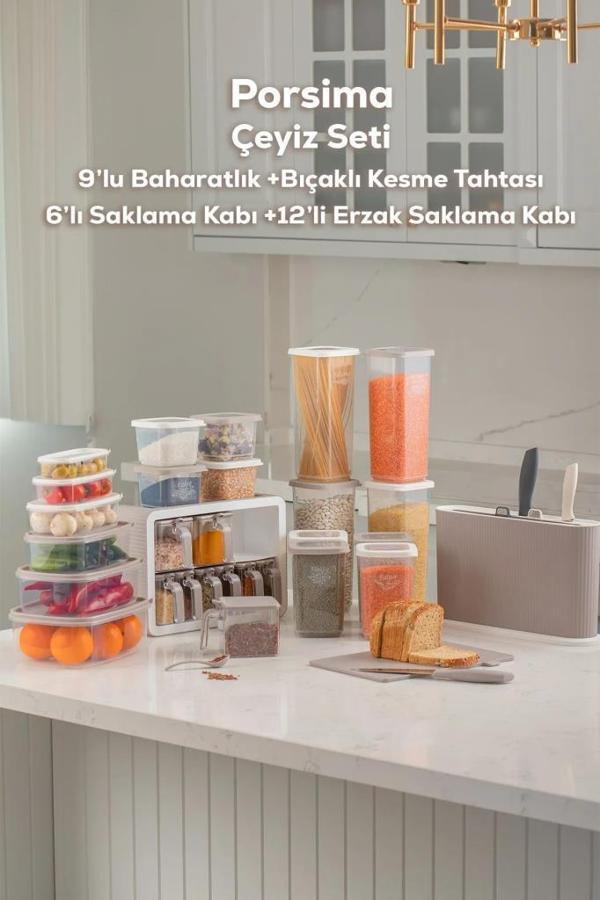 Porsima 0512 Kapuçino Beyaz 36 Parça Erzak Saklama Kabı Baharatlık Bıçaklı Kesme Tahtası Seti Çeyiz Seti - Image 1