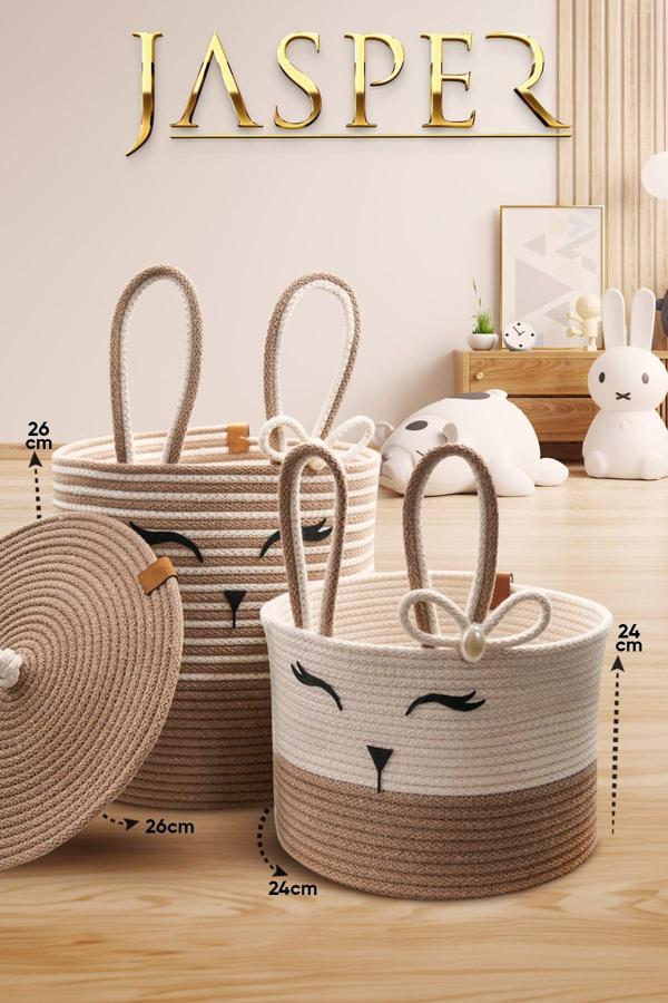 Jasper Bej İkili Jüt İp Tavşan Tasarımlı Çok Amaçlı Çocuk Odası Oyuncak Kıyafet Kirli Sepeti Organiz - Image 1