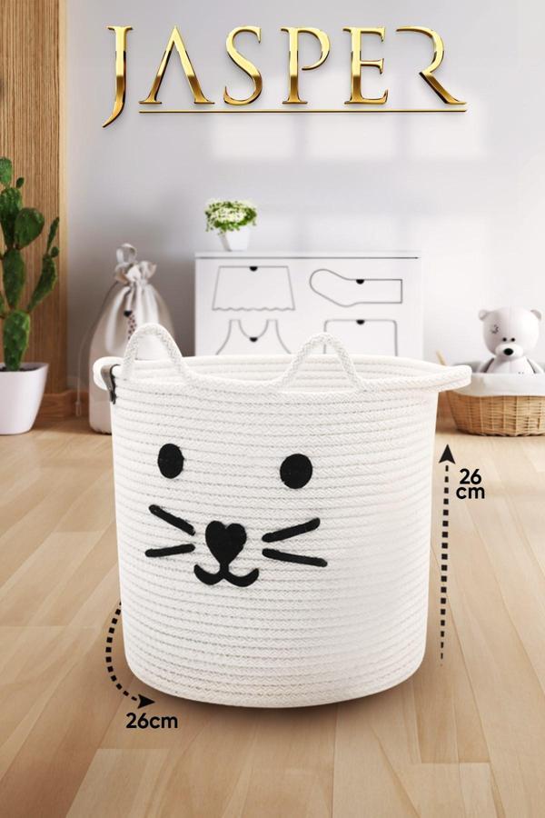 Jasper Beyaz Tekli Jüt İp Kedi Tasarımlı Çok Amaçlı Çocuk Odası Oyuncak Kıyafet Kirli Sepeti Organiz - Image 1