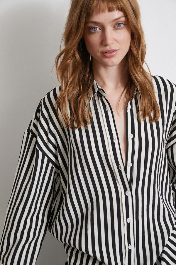 Çizgili T Kol Gömlek Siyah - Image 1