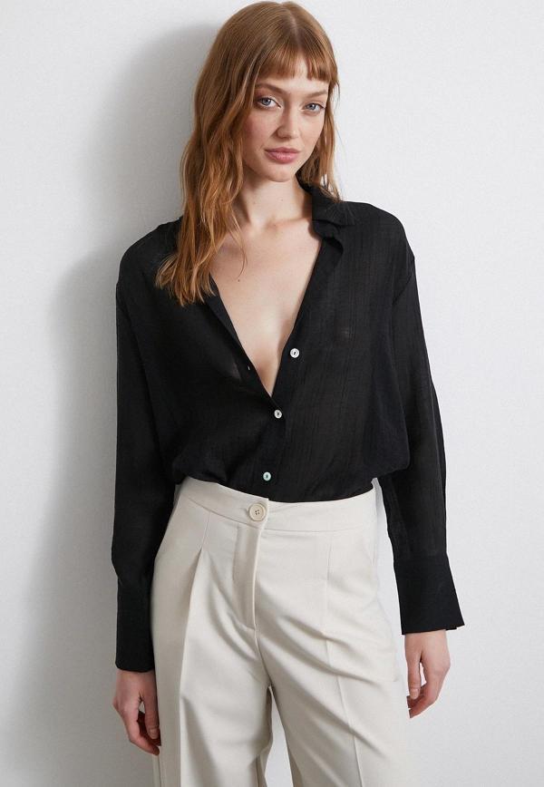 Kabartma Çizgili Saten Gömlek Siyah - Image 1