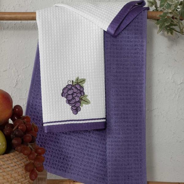 Maxstyle Pamuk Mutfak Havlusu Üzüm 2'Li Beyaz-Mor 40x60cm - Image 1