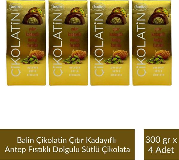 Balin Çikolatin Çıtır Kadayıflı Antep Fıstıklı Dolgulu Sütlü Çikolata 300 gr x 4 Adet - Image 1