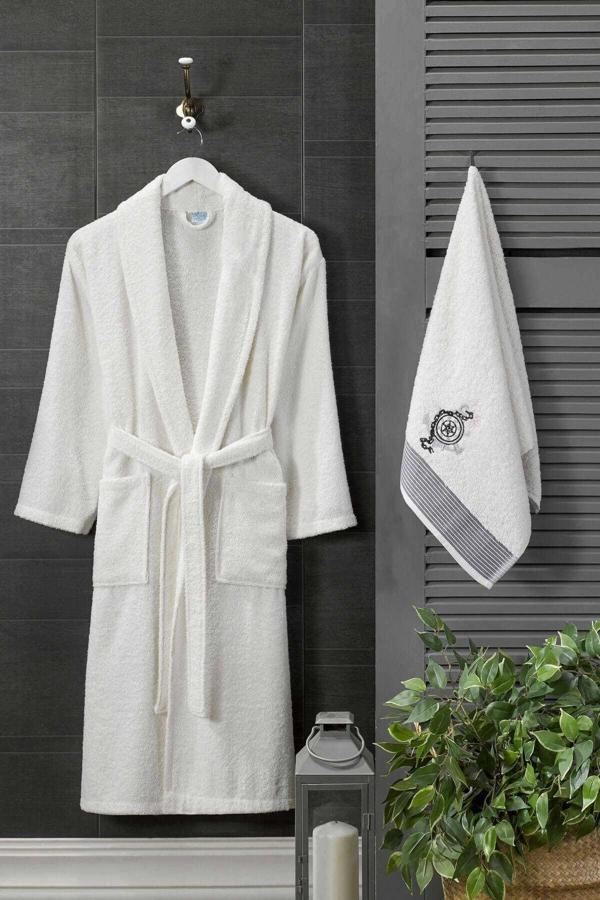 Erkek Havlulu Banyo Bornoz Takımı %100 Pamuklu Beyaz - Image 1