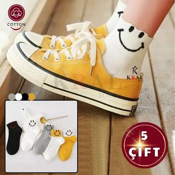 Kadın (5 ÇİFT) Çeyrek Soket Soft Gülen Yüz Model Pamuklu Terletmez Çorap Seti - Image 1